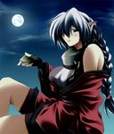  bare_legs barefoot black_gloves braid cloud collar dress elbow_gloves fingerless_gloves full_moon fuyuwa_kotatsu gloves holding karura_(utawareru_mono) looking_at_viewer metal_collar moon moonlight night night_sky pointy_ears red_dress single_braid sky solo utawareru_mono 