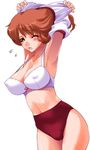  armpits arms_up asahina_mikuru blush bow bow_bra bra breasts buruma covered_nipples crossed_arms eyebrows_visible_through_hair gym_uniform large_breasts lingerie open_mouth red_buruma shinama shirt_lift simple_background solo strap_gap suzumiya_haruhi_no_yuuutsu underwear undressing white_background white_bra wince 