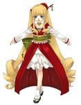  alternate_costume blonde_hair blue_eyes collarbone dress geta long_hair long_sleeves looking_at_viewer lowe_(slow) outstretched_arms red_dress rozen_maiden sandals sash shinku sidelocks simple_background socks solo standing tabi very_long_hair white_background white_legwear 