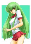  bangs border buruma c.c. code_geass green_background green_hair gym_uniform long_hair looking_at_viewer nishimura_takashi outside_border puffy_short_sleeves puffy_sleeves shirt short_sleeves simple_background solo standing white_shirt yellow_eyes 