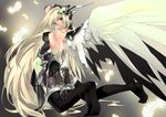  black_legwear blonde_hair brown_eyes covered_nipples fantasy feathers feet from_behind glowing kousaki_rui long_hair looking_at_viewer miniskirt original pantyhose pleated_skirt skirt solo vambraces very_long_hair wings 