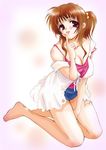  bare_shoulders barefoot between_legs blush breasts brown_hair camisole cleavage collarbone copyright_request finger_to_mouth full_body hand_between_legs kneeling large_breasts lips looking_at_viewer off_shoulder parted_lips pink_background pink_eyes sagami_ichisuke short_hair shushing simple_background solo spaghetti_strap 