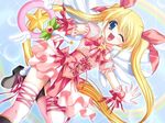  ;d \m/ angel_wings blonde_hair blue_eyes boots bow corset da_capo da_capo_i dress dutch_angle game_cg gloves hair_ribbon happy long_hair magical_girl nanao_naru one_eye_closed open_mouth panties pantyshot pink_bow pink_legwear rainbow ribbon smile solo standing standing_on_one_leg star thighhighs twintails underwear wand white_panties wings yoshino_sakura 