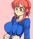  blush_stickers breasts brown_eyes impossible_clothes kusanagi_tonbo large_breasts original red_hair solo sweatdrop 