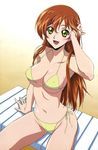  bikini blush breasts brown_hair cameltoe cleavage code_geass covered_nipples green_eyes highres large_breasts long_hair open_mouth shingou_yasushi shirley_fenette side-tie_bikini sitting solo swimsuit third-party_edit 