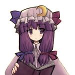  blue_ribbon book crescent crescent_hair_ornament hair_ornament hair_ribbon hat kurousou long_hair mob_cap patchouli_knowledge purple_eyes purple_hair red_ribbon ribbon simple_background sketch solo striped touhou upper_body vertical_stripes white_background 