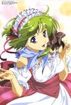  :d absurdres ahoge bangs bare_shoulders blue_eyes bow breasts clenched_hands dress frills green_hair hair_bow hair_ribbon highres hirayama_eiji large_breasts lipstick looking_at_viewer looking_back magazine_scan maid_headdress makeup megami non-web_source off_shoulder official_art open_mouth plaid plaid_scarf puffy_sleeves ribbon sash scan scarf shigure_asa shiny shiny_hair shirt short_hair shuffle! shuffle!_memories sidelocks smile solo taut_clothes taut_shirt tress_ribbon upper_body waitress 