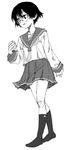  feet glasses greyscale monochrome original satou_atsuki school_uniform sketch socks solo 