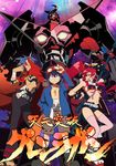  2boys belt copyright_name fingerless_gloves gloves goggles goggles_on_head gun gurren-lagann kamina logo long_hair multiple_boys nishigori_atsushi ponytail red_hair short_shorts shorts simon studded_belt tengen_toppa_gurren_lagann thighhighs weapon yoko_littner yoshinari_you 