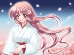 :d bow brown_eyes cherry_blossoms hakama japanese_clothes kanami_yuki long_hair long_sleeves looking_at_viewer miko open_mouth original petals pink_hair red_bow red_hakama smile solo upper_body very_long_hair wide_sleeves 