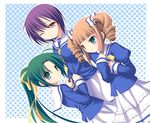  aikawa_touma brown_hair copyright_request drill_hair dutch_angle green_hair heterochromia long_hair multiple_girls ponytail purple_hair school_uniform short_hair 