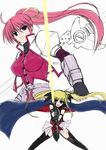  bardiche belt blonde_hair cape energy_sword fate_testarossa fingerless_gloves gloves levantine lyrical_nanoha magical_girl mahou_shoujo_lyrical_nanoha mahou_shoujo_lyrical_nanoha_a's multiple_girls ponytail signum sword thighhighs twintails waist_cape weapon yamaura_tamaki 