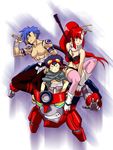  2boys anti-materiel_rifle bandages bikini_top blue_hair bodypaint boota boots goggles goggles_on_head gun hair_ornament kamina long_hair midriff multiple_boys pink_legwear ponytail red_hair rifle scarf shorts simon sniper_rifle sword tengen_toppa_gurren_lagann thighhighs topless toryuu weapon yoko_littner 