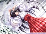  :o arms_up black_hair blue_eyes blush bow bush hakama japanese_clothes kimono leaf light_rays long_hair long_sleeves looking_at_viewer lying miko noritama_(gozen) on_back original parted_lips plant red_bow red_hakama shade snow solo sunlight very_long_hair 