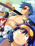  2boys bandages bikini_top blue_hair bodypaint boota glasses gloves goggles goggles_on_head hair_ornament imo_works kamina kamina_shades multiple_boys red_hair scarf shirtless simon sword tengen_toppa_gurren_lagann weapon yoko_littner 