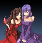  bare_shoulders blue_eyes breasts brown_hair choker cleavage covered_nipples dress fate/stay_night fate_(series) gown hair_ribbon highres large_breasts long_hair magic matou_sakura multiple_girls purple_eyes purple_hair ribbon shingo_(missing_link) siblings sisters toosaka_rin two_side_up 