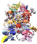  6+girls bardiche blonde_hair book caro_ru_lushe chibi cross_mirage energy_sword erio_mondial fate_testarossa graf_eisen gun hammer kerykeion klarwind lance levantine lyrical_nanoha mach_caliber magical_boy magical_girl mahou_shoujo_lyrical_nanoha_strikers multiple_girls parody polearm raising_heart reinforce_zwei revolver_knuckle schwertkreuz shamal signum staff strada subaru_nakajima super_robot_wars sword takamachi_nanoha teana_lanster thighhighs tome_of_the_night_sky unison vita weapon yagami_hayate 