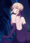  1girl artoria_pendragon_(all) ass back backless_dress backless_outfit bangs bare_back bare_shoulders black_bow black_dress black_gloves blonde_hair bow braid column crown_braid dress dress_lift elbow_gloves eyebrows_visible_through_hair fate/grand_order fate_(series) french_braid from_behind gloves hair_bow hallway highres leaf looking_at_viewer looking_back night parted_lips pillar rafael-m saber_alter solo star_(sky) strapless strapless_dress yellow_eyes 