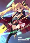  arm_guards bardiche bare_shoulders belt black_dress blonde_hair buckle cape dress fate_testarossa kouzuki_hajime long_hair looking_at_viewer lyrical_nanoha mahou_shoujo_lyrical_nanoha mahou_shoujo_lyrical_nanoha_a's red_eyes sidelocks solo standing standing_on_one_leg thighhighs twintails very_long_hair zettai_ryouiki 