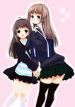  :d ahoge backpack bag bangs black_legwear blue_eyes blush brown_hair copyright_request from_behind height_difference holding_hands interlocked_fingers kneehighs long_hair looking_at_viewer looking_back mikazukimo miniskirt multiple_girls open_mouth outline pink_background pleated_skirt school_bag school_uniform shirt simple_background skirt smile striped striped_shirt sweater thighhighs white_legwear zettai_ryouiki 