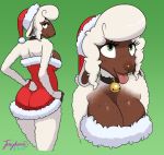  2018 anthro big_breasts breasts brown_skin caprine christmas dark_skin digital_media_(artwork) eyebrows eyelashes female fur hair hat hi_res holidays holly_(character) juicydemon looking_at_viewer mammal pompadour portrait pose santa_hat seductive sheep short_tail signature simple_background smile solo standing white_eyebrows white_fur white_hair wide_hips 