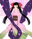  black_hair japanese_clothes kimono long_hair obi original purple_eyes sakamoto_mineji sash solo twintails 