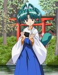  animal_ears blue_hakama copyright_request food green_hair hakama hirata_katsuzou japanese_clothes jpeg_artifacts lowres miko onigiri raccoon_ears solo torii 