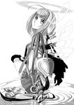  ahoge armor armored_boots armored_dress blush boots from_side full_body greyscale kneeling long_sleeves monochrome original short_hair simple_background solo thigh_boots thighhighs white_background wings yuu_(yuyukaikan) zettai_ryouiki 