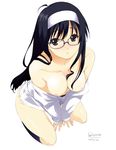  bare_shoulders bottomless breasts glasses hairband large_breasts original otomo_megane solo 