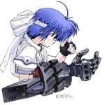  artist_name blue_hair excel_(gewalt) fingerless_gloves gauntlets gloves headband lyrical_nanoha magical_girl mahou_shoujo_lyrical_nanoha_strikers midriff revolver_knuckle single_fingerless_glove single_gauntlet solo subaru_nakajima 