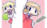  blonde_hair blue_hair blush hair_ornament hairclip hidamari_sketch kairakuen_umenoka miyako multiple_girls open_mouth quality_cabbage school_uniform short_hair skirt wide_face x_hair_ornament yuno 