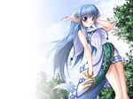  blue_hair blush bracelet day hair_ornament jewelry long_hair miniskirt noritama_(gozen) olha_(ys) outdoors pointy_ears purple_eyes skirt smile tabard tail wallpaper wind ys ys_vi_ark_of_napishtim 