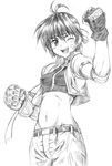  ;d antenna_hair arm_up bandaid bandaid_on_face belt blush breasts clenched_hands covered_nipples cowboy_shot crop_top cropped_jacket g-tetsu greyscale headband looking_at_viewer lyrical_nanoha mahou_shoujo_lyrical_nanoha_strikers medium_breasts midriff monochrome one_eye_closed open_mouth pants revolver_knuckle short_hair simple_background sketch smile solo subaru_nakajima teeth 