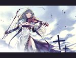  antenna_hair blood breasts cleavage cloud copyright_request cross dress green_hair hirano_katsuyuki instrument latin_cross letterboxed long_hair medium_breasts side_slit sky solo sword thighs violin weapon weaponized_instrument 