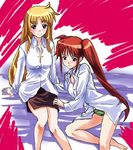  blonde_hair dress_shirt fate_testarossa lowres lyrical_nanoha mahou_shoujo_lyrical_nanoha_strikers mikage_nao multiple_girls shirt takamachi_nanoha 