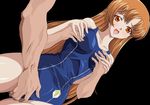 breast_grab breasts brown_eyes brown_hair code_geass competition_swimsuit danna dutch_angle fingering grabbing groping group_sex long_hair medium_breasts multiple_boys one-piece_swimsuit shirley_fenette single_vertical_stripe solo_focus swimsuit threesome 