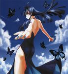  backless_dress backless_outfit blue_hair blue_nails bug butterfly cloud day dengeki_hime dress evening_gown insect long_hair md5_mismatch mizuhara_akira_(artist) nail_polish red_eyes sky solo 