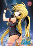  arched_back armband ass black_school_swimsuit blonde_hair blush chain collar cover doujinshi fate_testarossa flat_chest from_behind gloves hair_ribbon head_tilt kanna_(plum) long_hair looking_back lyrical_nanoha mahou_shoujo_lyrical_nanoha one-piece_swimsuit red_eyes ribbon school_swimsuit solo strap swimsuit twintails very_long_hair wading water wet wristband 