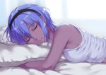  1girl bangs bare_arms bare_shoulders bed_sheet black_hairband blurry blurry_background breasts closed_mouth dark_skin depth_of_field eyebrows_visible_through_hair eyes_closed facing_viewer fate/prototype fate/prototype:_fragments_of_blue_and_silver fate_(series) hair_between_eyes hairband hassan_of_serenity_(fate) lying nishimura_eri on_side pillow pillow_hug purple_hair shirt sleeveless sleeveless_shirt small_breasts smile solo upper_body white_shirt 