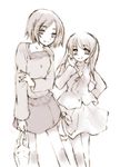  bag blush collarbone eyebrows_visible_through_hair grocery_bag long_hair looking_at_viewer monochrome multiple_girls pink sasaki_(suzumiya_haruhi) shopping_bag short_hair simple_background skirt standing suzumiya_haruhi_no_yuuutsu sweater tachibana_kyouko white_background 