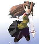  black_bow black_legwear black_skirt blouse blush bow brown_hair cross fate/stay_night fate_(series) green_eyes knife long_hair looking_at_viewer pantyhose plait red_bow shigen shirt skirt solo toosaka_rin white_shirt yellow_blouse 