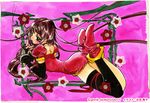  black_legwear brown_eyes brown_hair eclair_(kiddy_grade) eyecatch fingerless_gloves flower gloves ishida_atsuko kiddy_grade long_hair lying non-web_source pink_background red_skirt shoes single_thighhigh skirt solo thighhighs 