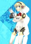 aegis_(persona) android blonde_hair blue_eyes bow bowtie cowboy_shot headphones machinery mizuki_makoto persona persona_3 red_bow red_neckwear robot_joints short_hair silhouette solo standing 