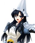  belt black_hair blue_eyes breasts buckle helmet knight long_hair looking_at_viewer medium_breasts outstretched_arm rance_(series) ryuushou sengoku_rance shoulder_pads sidelocks simple_background skin_tight solo uesugi_kenshin_(rance) upper_body white_background 