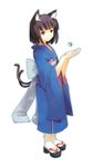  animal_ears blue_kimono cat_ears dasoku_sentarou full_body japanese_clothes kimono long_sleeves multiple_tails original platform_footwear simple_background solo standing tabi tail white_background wide_sleeves 