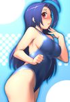  blue_hair breasts competition_swimsuit highleg highleg_swimsuit idolmaster idolmaster_(classic) idolmaster_1 large_breasts leaning_forward long_hair miura_azusa one-piece_swimsuit red_eyes seki_suzume sideboob solo swimsuit 