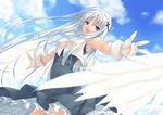  :d armpits bare_shoulders blue_eyes cloud cross day gloves keg latin_cross long_hair open_mouth original outstretched_arms sky smile solo spread_arms white_hair wings 
