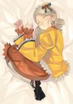  black_footwear blush drill_hair frills from_above full_body hair_ornament heart heart_hair_ornament juliet_sleeves kabocha_(monkey4) kanaria long_sleeves lying on_side orange_skirt puffy_sleeves rozen_maiden shirt shoes short_hair skirt sleeping solo twin_drills yellow_shirt 