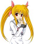  blonde_hair dress fate_testarossa finger_to_mouth flipper long_hair long_sleeves looking_at_viewer lyrical_nanoha mahou_shoujo_lyrical_nanoha mahou_shoujo_lyrical_nanoha_a's own_hands_together red_eyes school_uniform seishou_elementary_school_uniform simple_background solo twintails upper_body white_background white_dress 