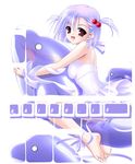  barefoot blue_hair blush_stickers casual_one-piece_swimsuit dolphin feet frilled_swimsuit frills inflatable_toy inflatable_whale leg_ribbon o_o one-piece_swimsuit original red_eyes ribbon riding short_hair short_twintails smile solo swimsuit twintails wrist_ribbon yuki_usagi 